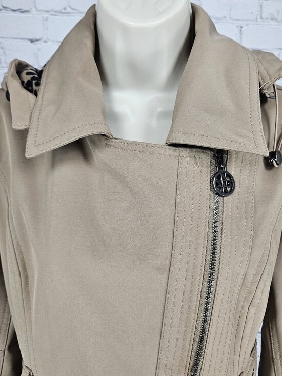 Nicole Miller Tan Leopard Removable Hood Belted Trench Soft Shell Long Coat S - Picture 8 of 16